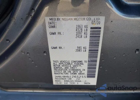 2020 Nissan Altima S Fwd из США, поврежденный, VIN 1N4BL4BV6LC265255